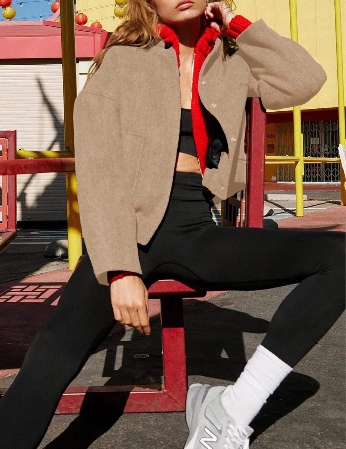 Womens Wool Blend Bomber Jacket Casual Cropped Boxy Fit Coat Elastic Hem Snap Button Outwear with Pockets