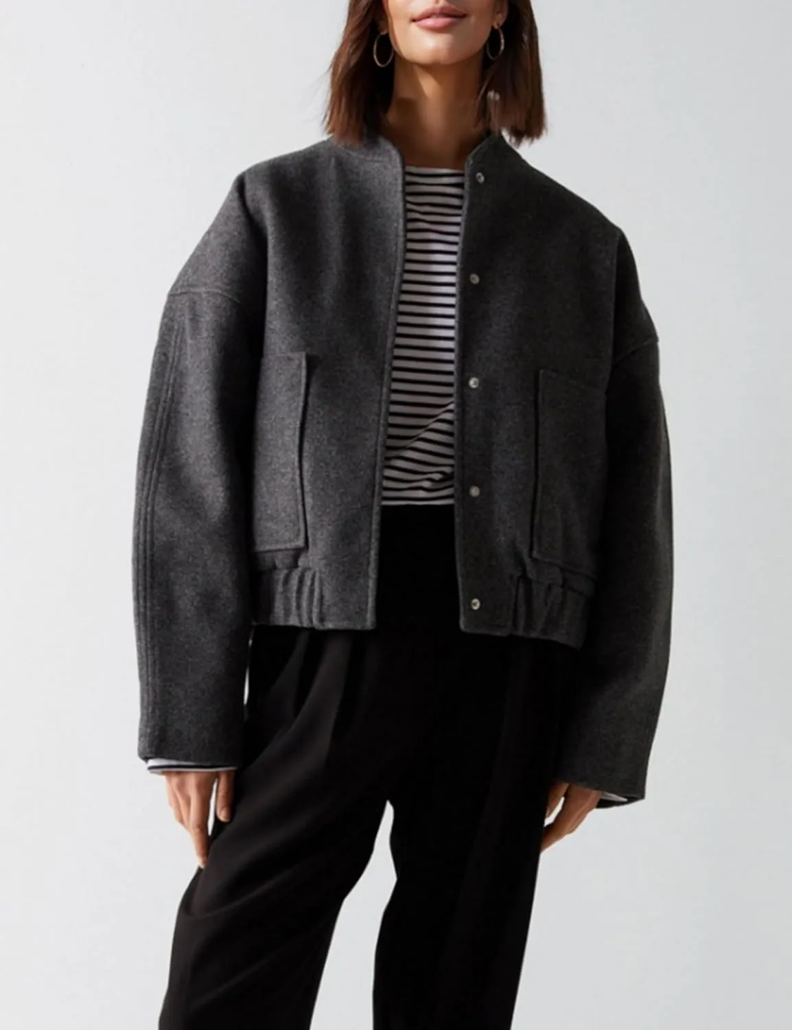 Womens Wool Blend Bomber Jacket Casual Cropped Boxy Fit Coat Elastic Hem Snap Button Outwear with Pockets