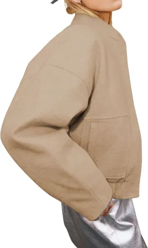 Womens Wool Blend Bomber Jacket Casual Cropped Boxy Fit Coat Elastic Hem Snap Button Outwear with Pockets