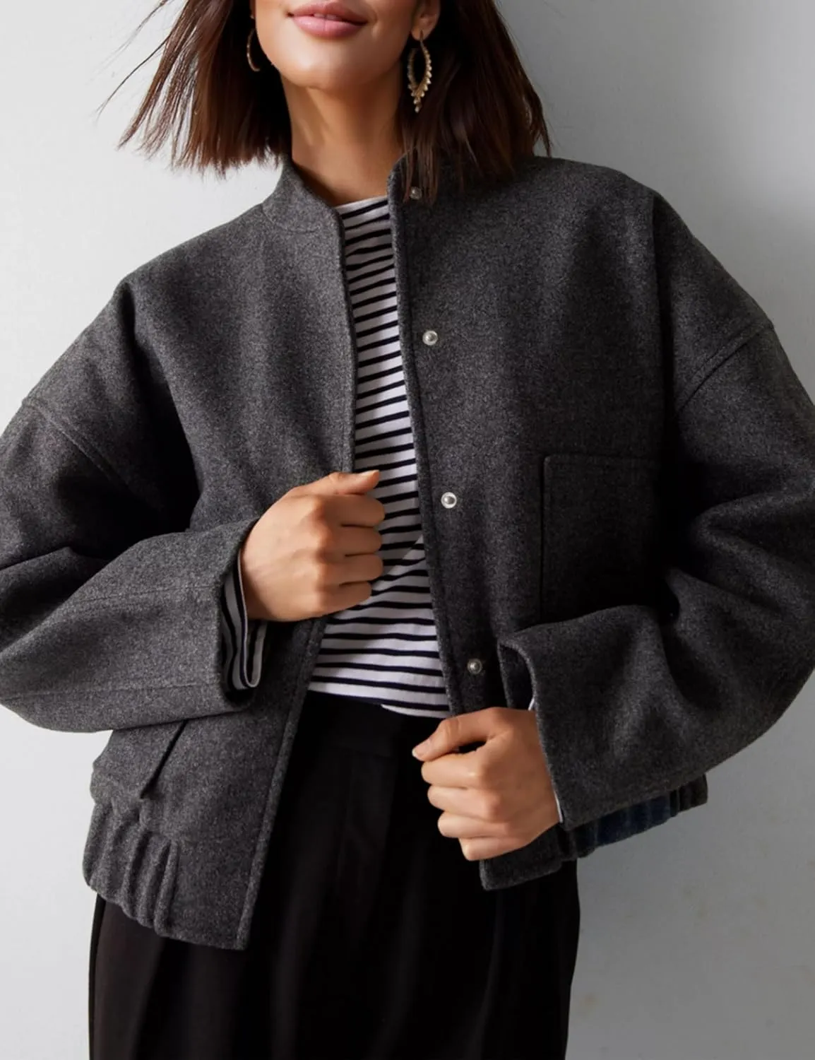 Womens Wool Blend Bomber Jacket Casual Cropped Boxy Fit Coat Elastic Hem Snap Button Outwear with Pockets