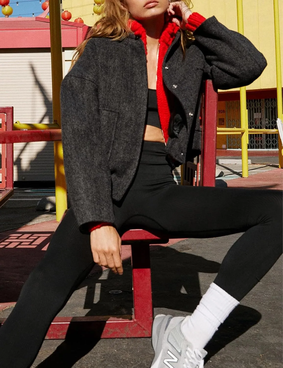 Womens Wool Blend Bomber Jacket Casual Cropped Boxy Fit Coat Elastic Hem Snap Button Outwear with Pockets