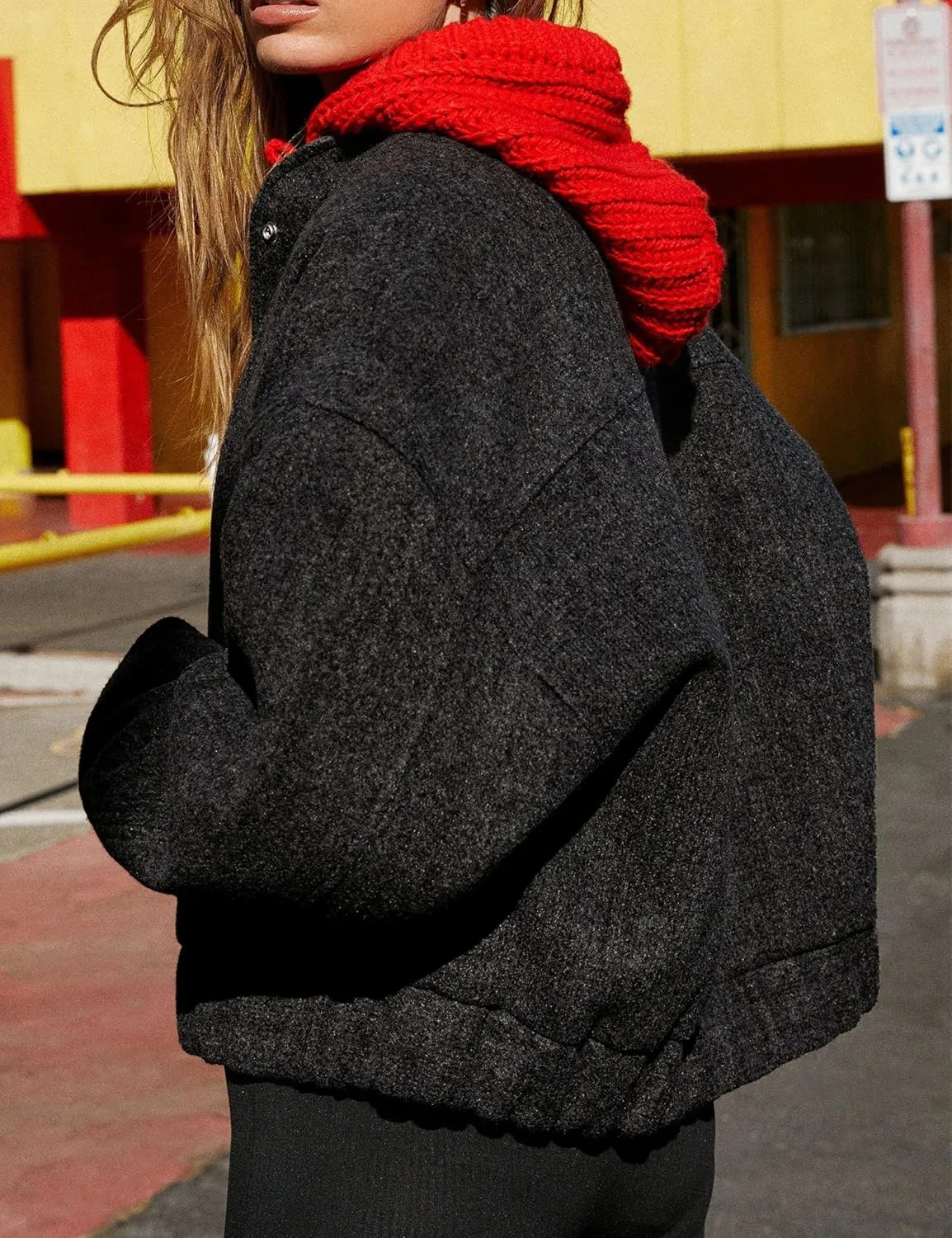 Womens Wool Blend Bomber Jacket Casual Cropped Boxy Fit Coat Elastic Hem Snap Button Outwear with Pockets