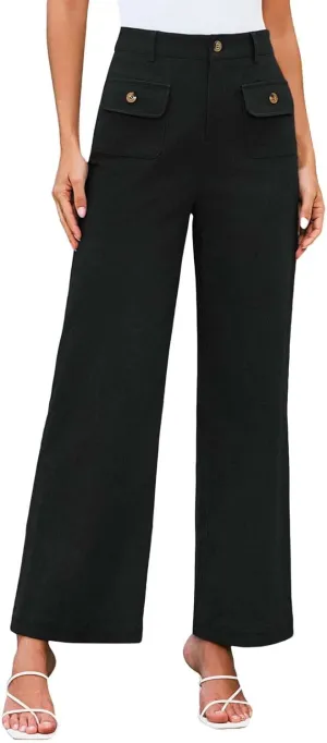 Womens Work Business Dressy Pants Trendy High-Waisted Wide-Leg Stretch Flowy Trouser Front Pockets Button Casual Pant