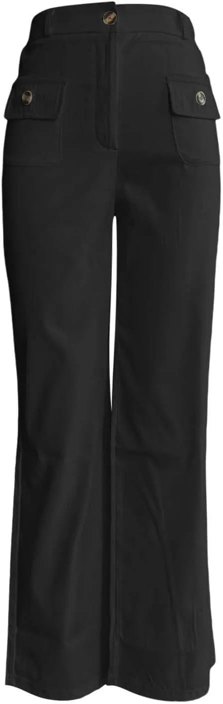 Womens Work Business Dressy Pants Trendy High-Waisted Wide-Leg Stretch Flowy Trouser Front Pockets Button Casual Pant