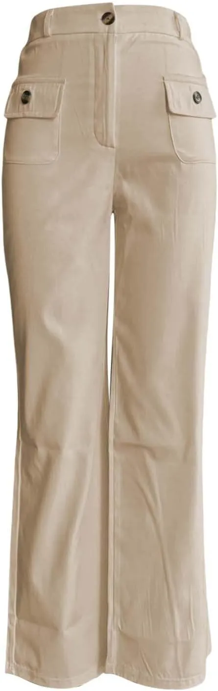 Womens Work Business Dressy Pants Trendy High-Waisted Wide-Leg Stretch Flowy Trouser Front Pockets Button Casual Pant