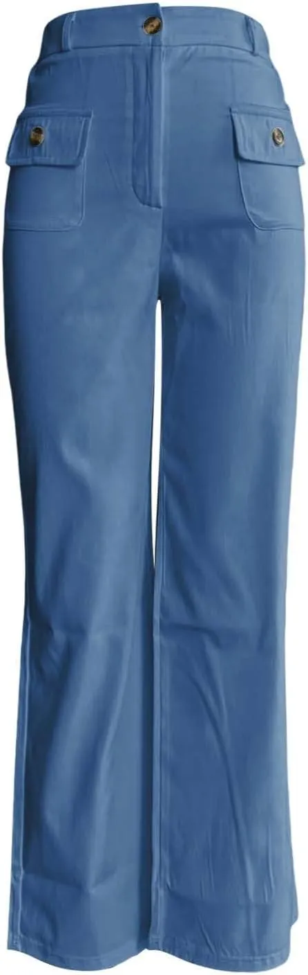 Womens Work Business Dressy Pants Trendy High-Waisted Wide-Leg Stretch Flowy Trouser Front Pockets Button Casual Pant