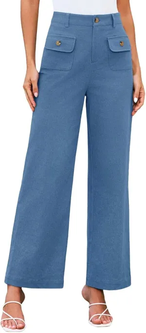 Womens Work Business Dressy Pants Trendy High-Waisted Wide-Leg Stretch Flowy Trouser Front Pockets Button Casual Pant