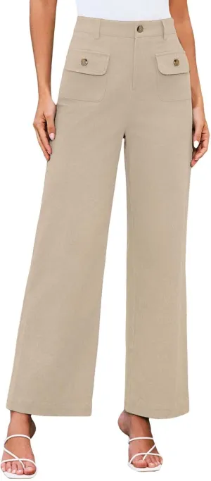 Womens Work Business Dressy Pants Trendy High-Waisted Wide-Leg Stretch Flowy Trouser Front Pockets Button Casual Pant