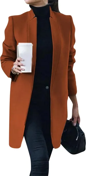 YMING Womens Casual Wool Blend Long Pea Coats Jackets Notched Open Front Outerwear Slim Fit Winter Overcoats
