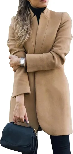 YMING Womens Casual Wool Blend Long Pea Coats Jackets Notched Open Front Outerwear Slim Fit Winter Overcoats