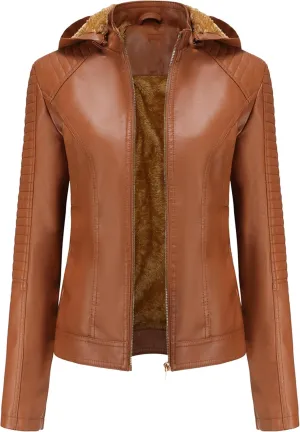 YMING Women's Faux Leather Jacket Removable Hood Front Zip Pockets Jacket Coat Motorcycle Plus Size Jacket With Pocket