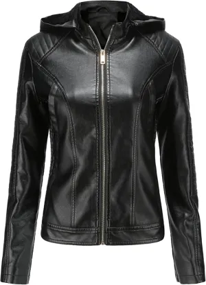 YMING Women's Faux Leather Jacket Removable Hood Front Zip Pockets Jacket Coat Motorcycle Plus Size Jacket With Pocket