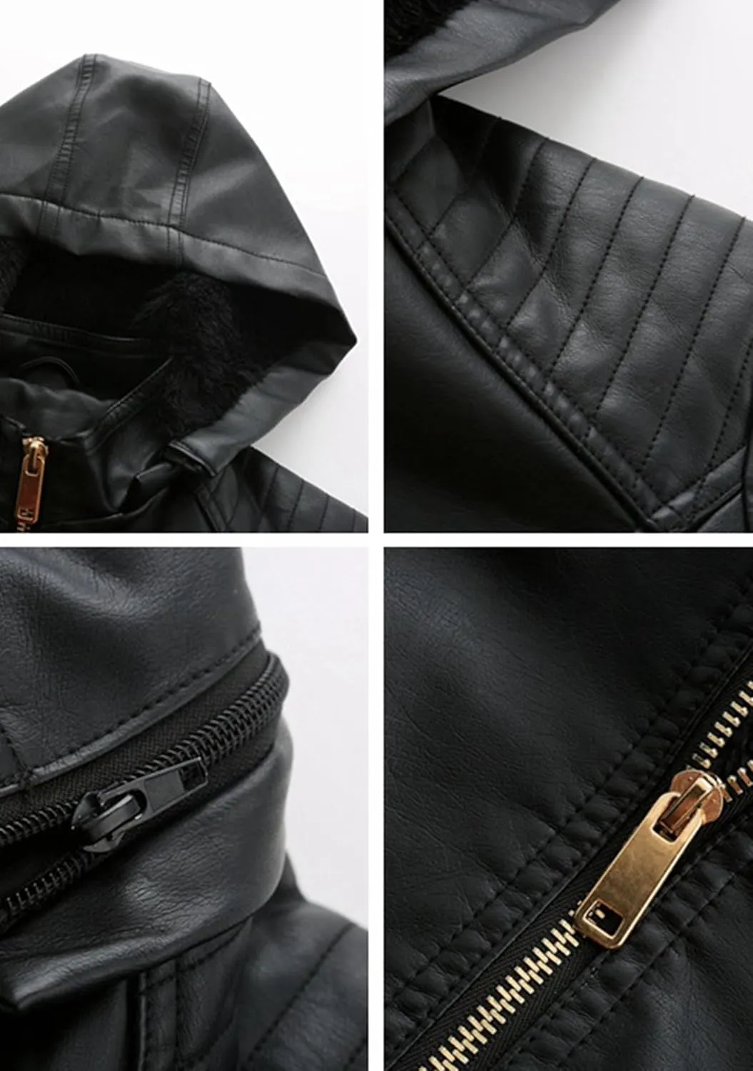 YMING Women's Faux Leather Jacket Removable Hood Front Zip Pockets Jacket Coat Motorcycle Plus Size Jacket With Pocket