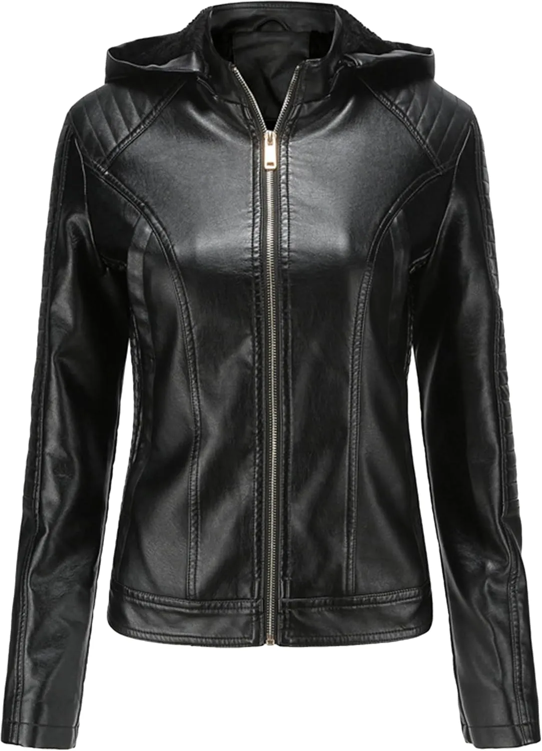YMING Women's Faux Leather Jacket Removable Hood Front Zip Pockets Jacket Coat Motorcycle Plus Size Jacket With Pocket