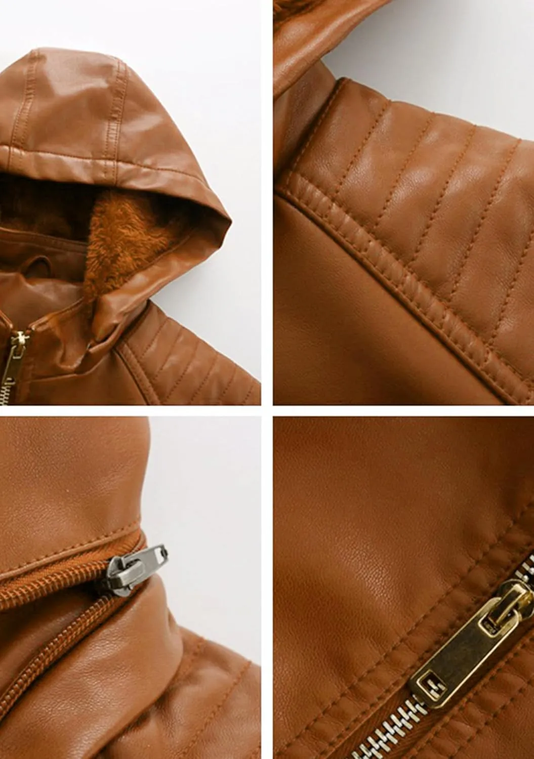 YMING Women's Faux Leather Jacket Removable Hood Front Zip Pockets Jacket Coat Motorcycle Plus Size Jacket With Pocket