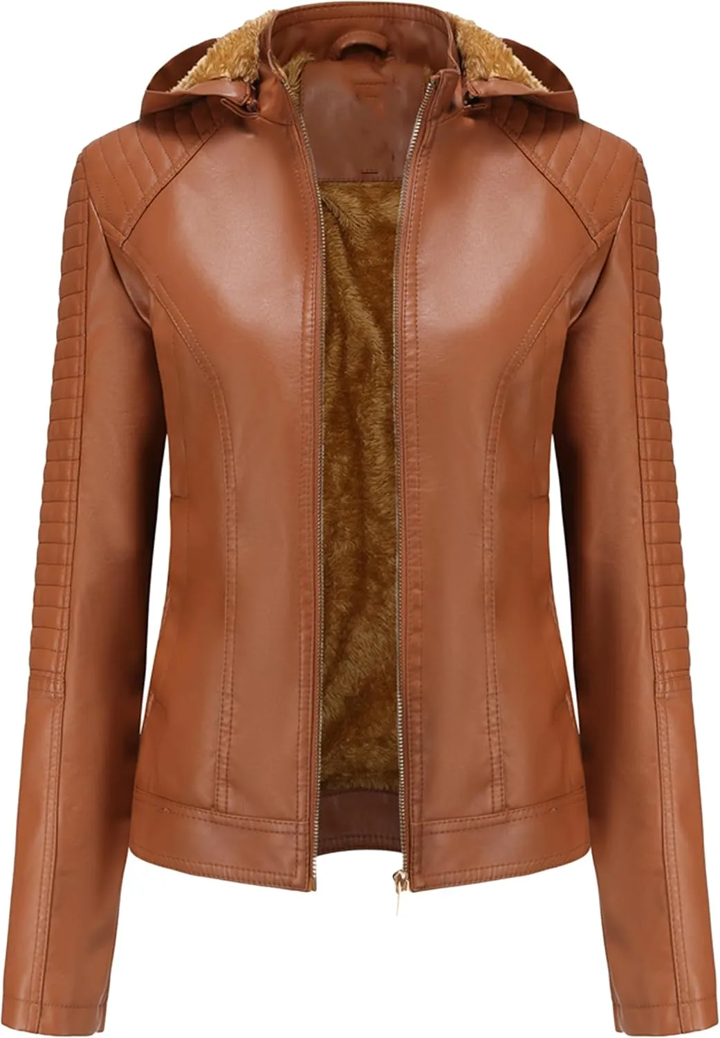 YMING Women's Faux Leather Jacket Removable Hood Front Zip Pockets Jacket Coat Motorcycle Plus Size Jacket With Pocket
