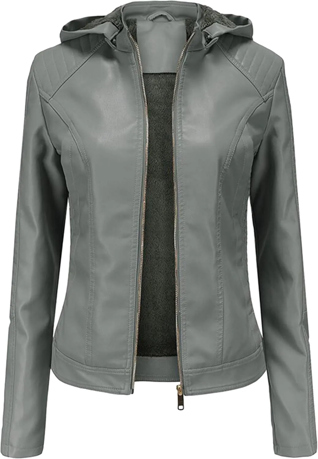 YMING Women's Faux Leather Jacket Removable Hood Front Zip Pockets Jacket Coat Motorcycle Plus Size Jacket With Pocket