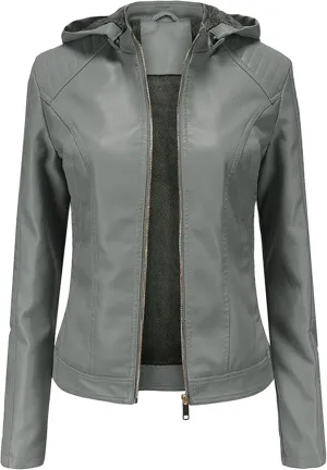 YMING Women's Faux Leather Jacket Removable Hood Front Zip Pockets Jacket Coat Motorcycle Plus Size Jacket With Pocket