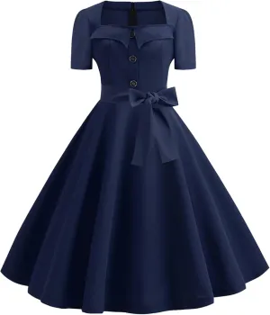YMING Womens Lapel V-Neck Cocktail Dress 1950s Button Down Rockabilly Dress Vintage Prom Swing Midi Dress