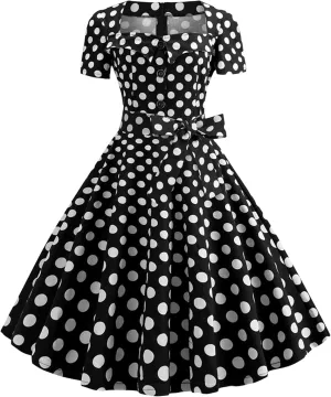YMING Womens Lapel V-Neck Cocktail Dress 1950s Button Down Rockabilly Dress Vintage Prom Swing Midi Dress