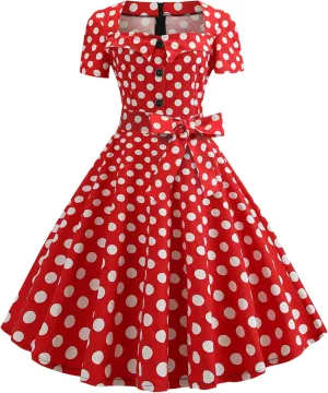 YMING Womens Lapel V-Neck Cocktail Dress 1950s Button Down Rockabilly Dress Vintage Prom Swing Midi Dress