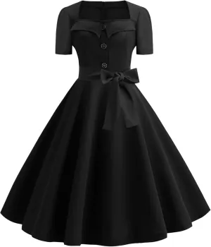 YMING Womens Lapel V-Neck Cocktail Dress 1950s Button Down Rockabilly Dress Vintage Prom Swing Midi Dress