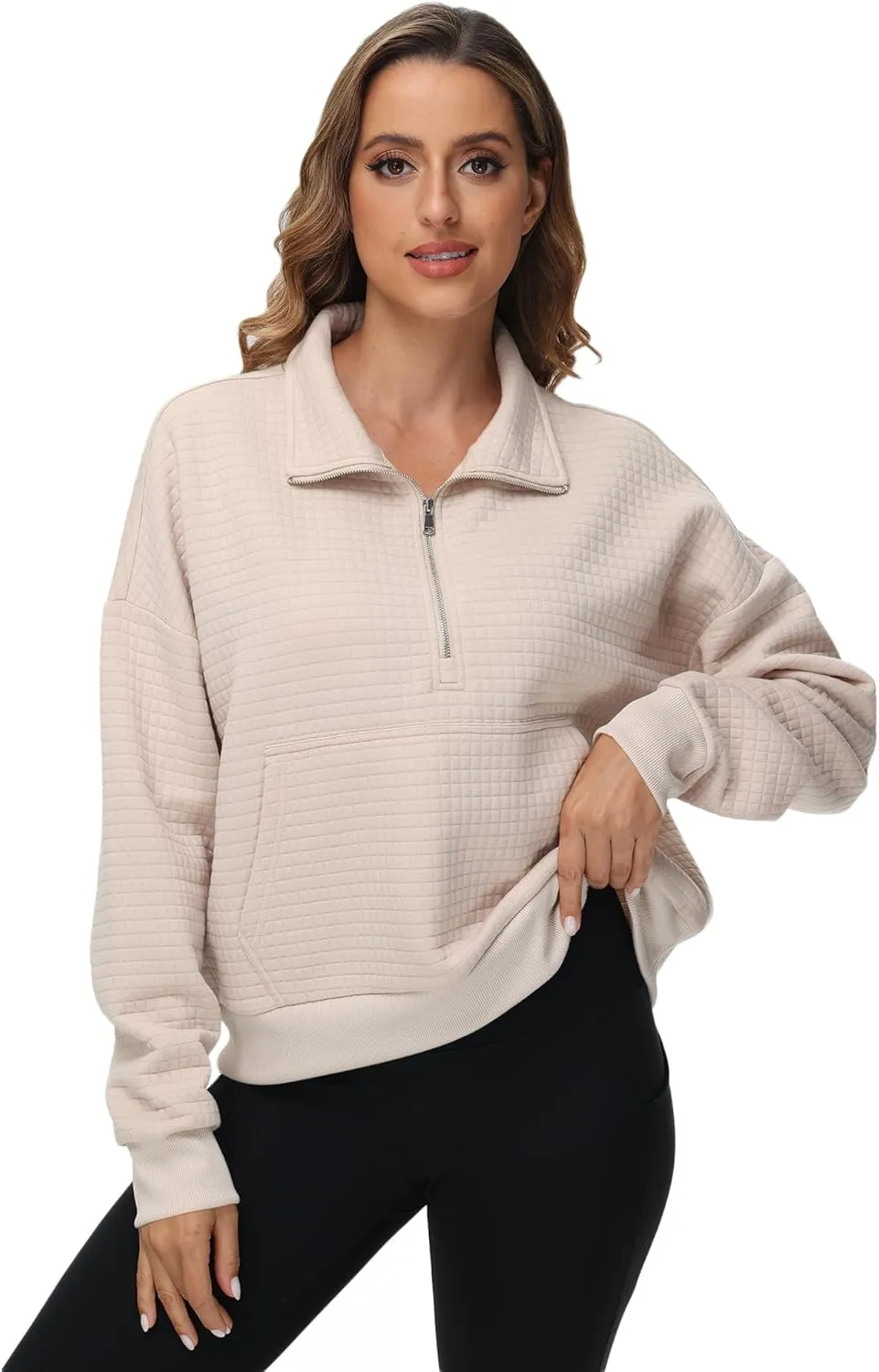YuKaiChen Womens Sweatshirts Half Zip Cropped Quarter Zipper Hoodies Waffle Pullover Tops with Pocket