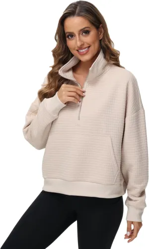 YuKaiChen Womens Sweatshirts Half Zip Cropped Quarter Zipper Hoodies Waffle Pullover Tops with Pocket