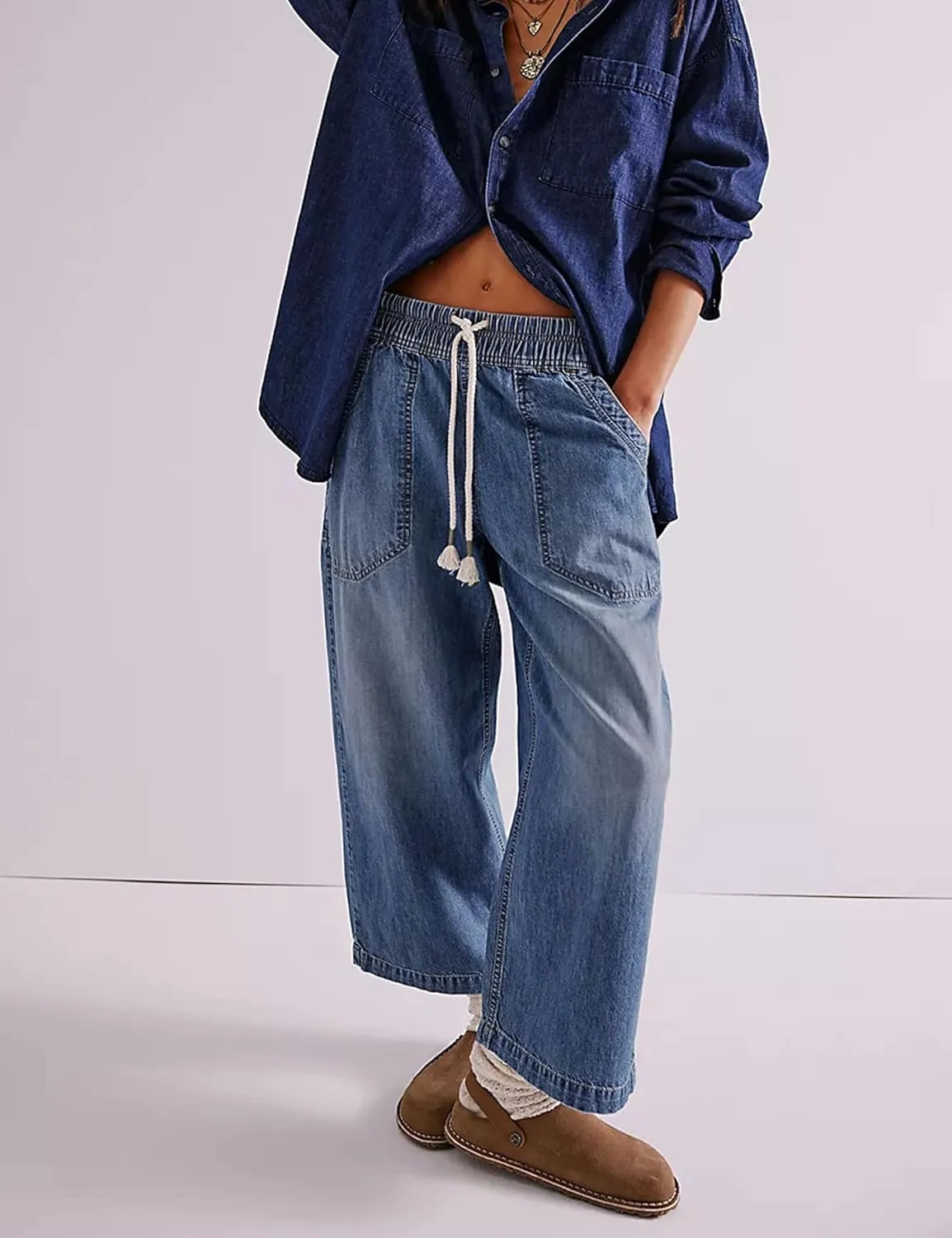 Zontroldy Women's Drawstring Mid Waisted Wide Leg Jeans Loose Fit Straight Leg Denim Pants with Pockets