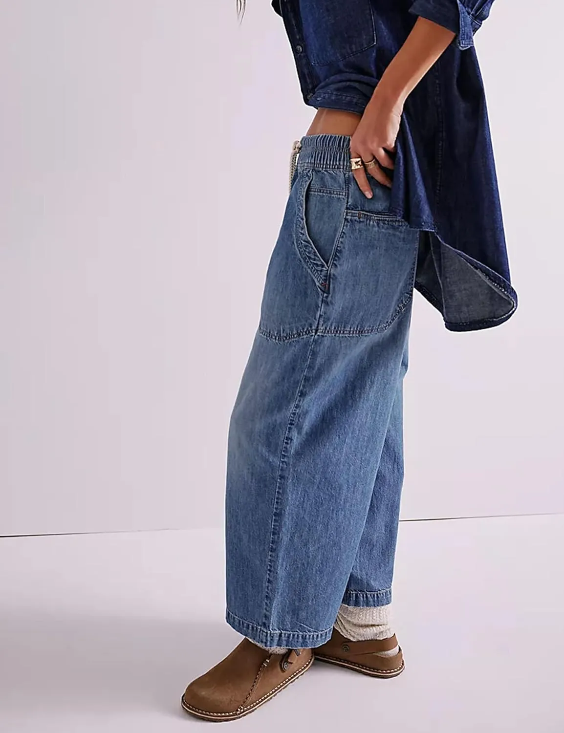Zontroldy Women's Drawstring Mid Waisted Wide Leg Jeans Loose Fit Straight Leg Denim Pants with Pockets
