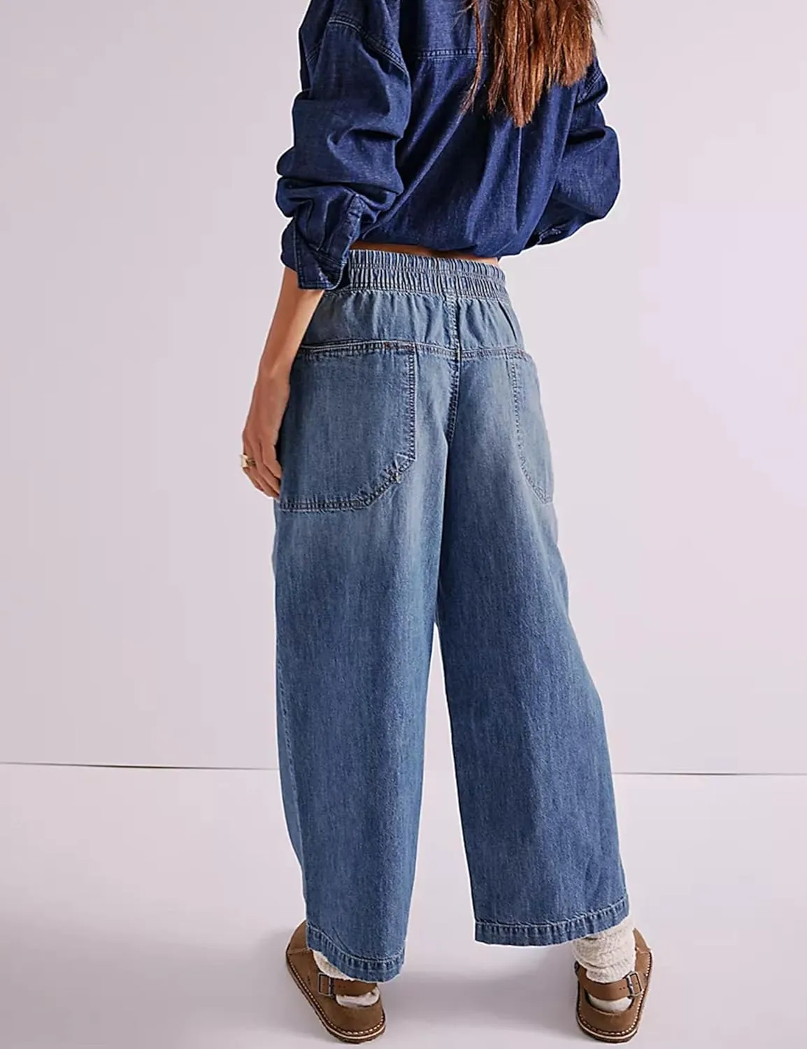 Zontroldy Women's Drawstring Mid Waisted Wide Leg Jeans Loose Fit Straight Leg Denim Pants with Pockets