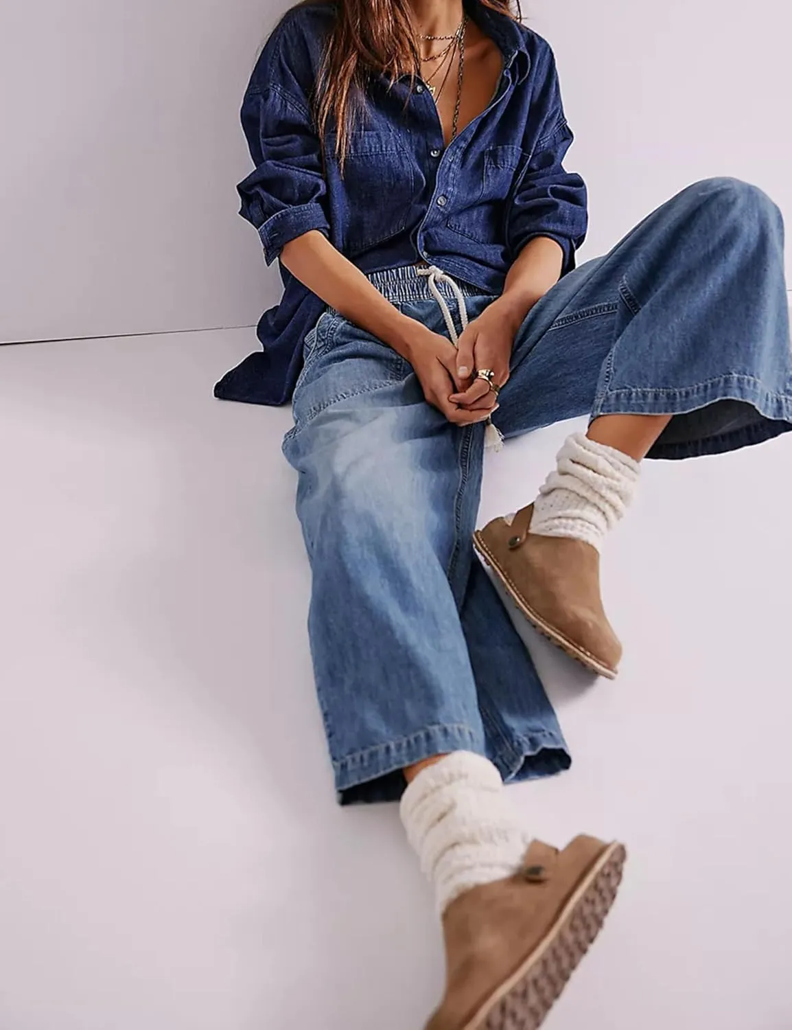 Zontroldy Women's Drawstring Mid Waisted Wide Leg Jeans Loose Fit Straight Leg Denim Pants with Pockets