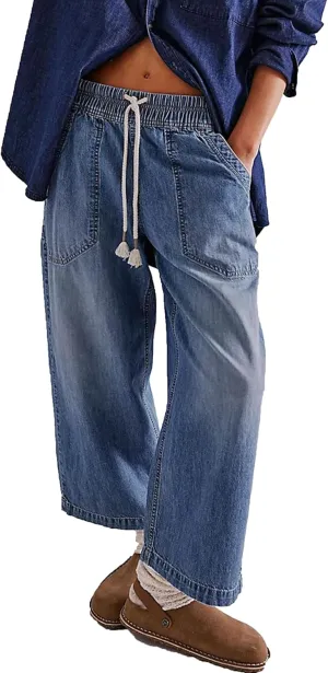 Zontroldy Women's Drawstring Mid Waisted Wide Leg Jeans Loose Fit Straight Leg Denim Pants with Pockets